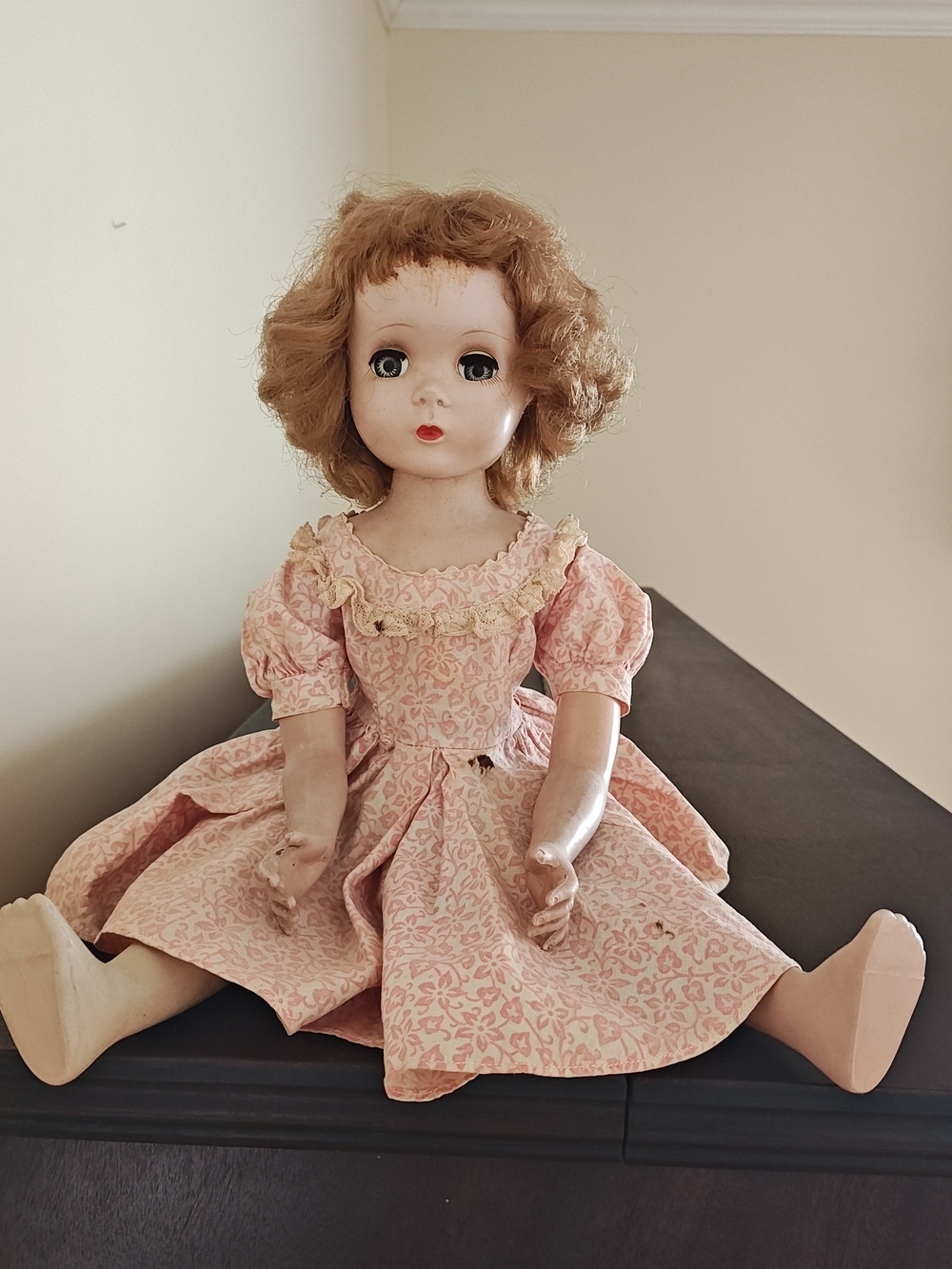 Classic Pink-Patterned Girl Doll with Curly Hair